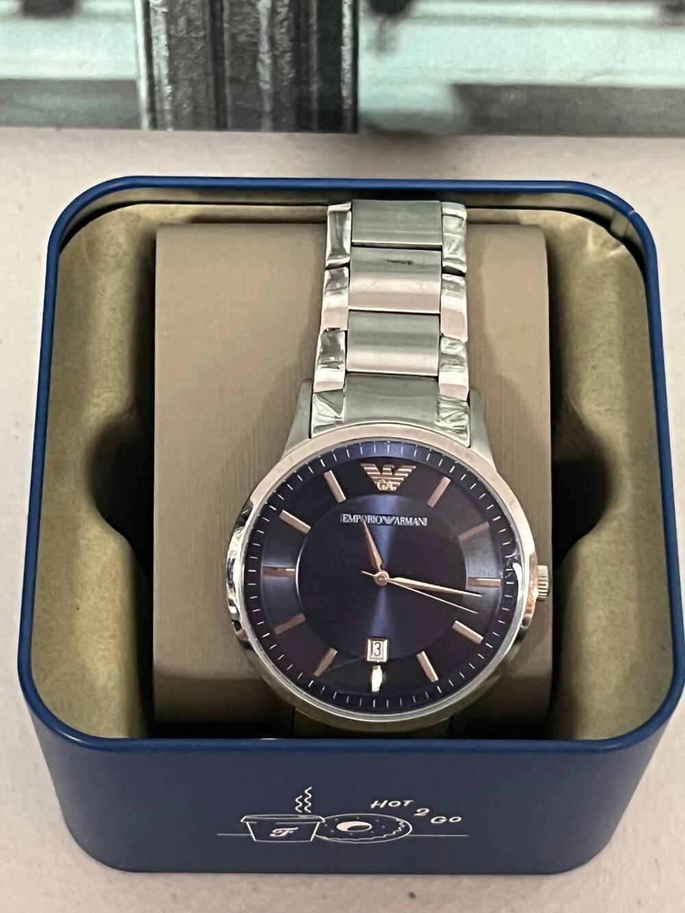Emporio Armani AR-2477 Men's Watch Navy Blue Dial Rose Gold Silver Steel New